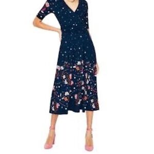 Boden Kassidy Navy Floral Faux Wrap Jersey Midi Dress, Size 6R